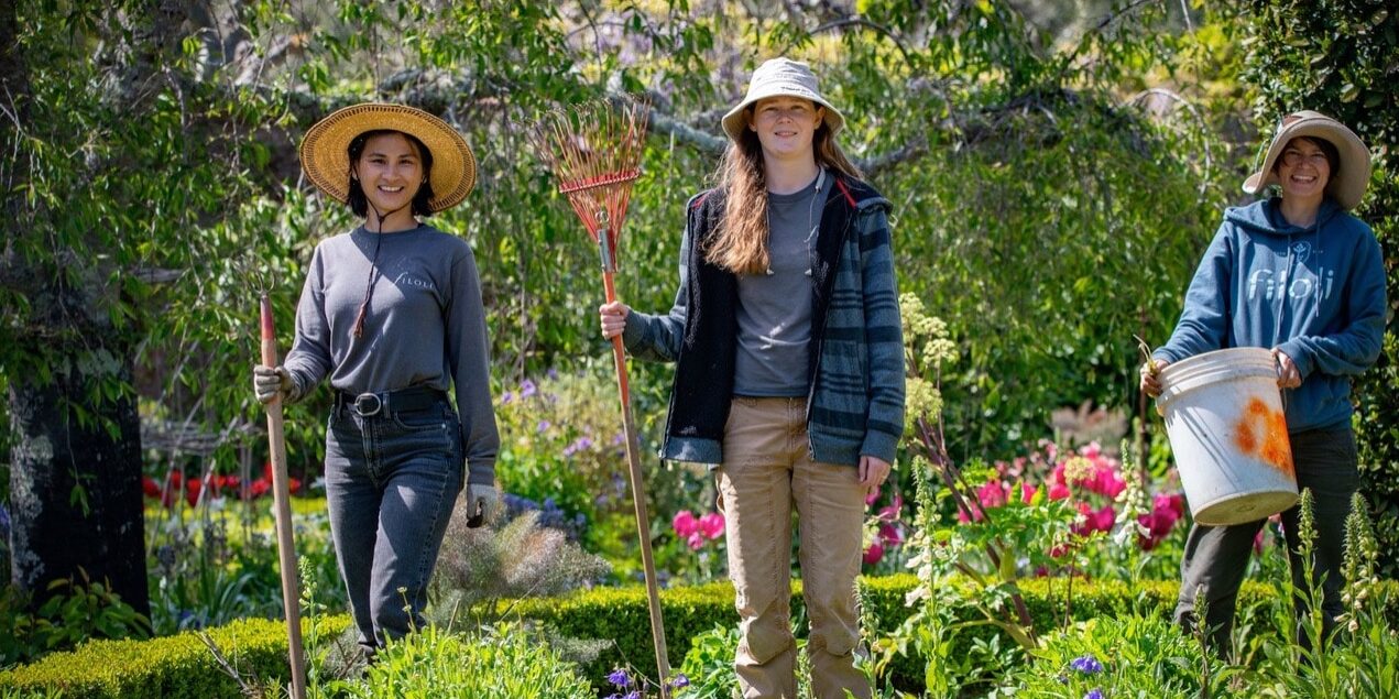 Filoli horticulturists Jia Nocon, Gillian Johnson, and Leslie Freitas working in the Walled Garden.